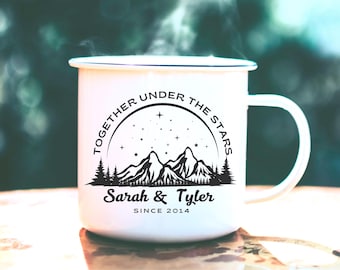 Custom Couple Adventure Coffee Cup, Engagement Announcement Anniversary Gift, Personalized Mountain Camping Mug, Wedding Guest Keepsake