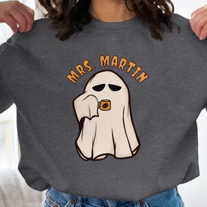 Personalized Teacher Ghost Sweatshirt, Funny Halloween Name Crewneck For Teacher, Custom Spooky Season Sweatshirt For Teacher