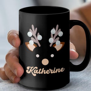Cute Reindeer Face Mug, Christmas Reindeer Custom Name Mug, Customizable Secret Santa Gift Mug, Kids Christmas Hot Chocolate Mug