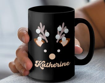 Cute Reindeer Face Mug, Christmas Reindeer Custom Name Mug, Customizable Secret Santa Gift Mug, Kids Christmas Hot Chocolate Mug