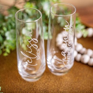 Personalized Stemless Champagne Flutes - Bridesmaid Gifts, Maid of Honor, Bridal Party Presents for Her – Custom Toasting Glasses