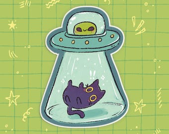 UFO Abduction Cat Sticker | Glitter Water Proof Vinyl Sticker | Sticker for Water Bottle, Laptop, Kindle, Planner, Journal