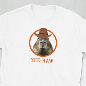 May include: White t-shirt with a brown capybara wearing a brown cowboy hat in a circle with an orange outline. The text "YEE-HAW" is printed below the circle.