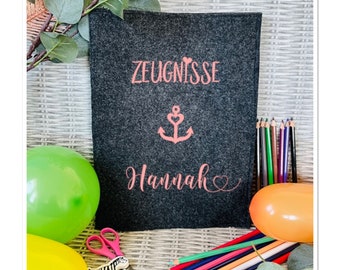 Zeugnismappe aus Filz, personalisiert, Mädchen und Jungen, mit Sichtbuch 20Folien, Unikat, Schulanfang, Einschulung, Geschenk