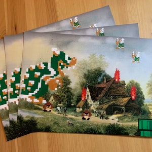 Pode incluir: Um personagem pixelado verde e marrom de um videogame está em frente a uma pintura de uma cena campestre. O personagem está em frente a uma casa com telhado de palha e uma chaminé. Há chamas saindo da chaminé e do telhado. Também há personagens pixelados no céu.