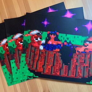 May include: Four prints of a pixel art image depicting a group of characters in a boat. The characters are wearing colourful clothing and are surrounded by a green landscape. The background is a dark blue with pink stars.