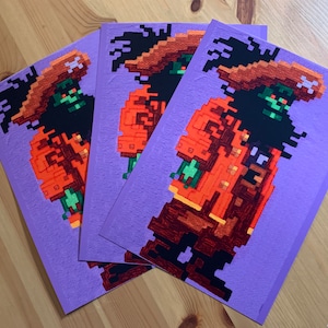 May include: Three purple prints of a pixelated cartoon pirate with a brown hat, orange shirt, brown pants, and black boots. The pirate has black hair and a green face.