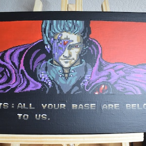 May include: A pixelated painting of a character from a video game. The character has purple hair, a purple cloak, and a red eye. The background is red. The text "CATS: ALL YOUR BASE ARE BELONG TO US." is at the bottom of the painting.