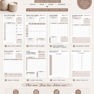 Planificador de estudio imprimible / Colección Soft Mocha / Tamaños A4, A5 y Carta estadounidense