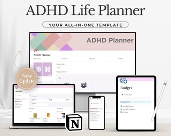 Modello di pianificatore di vita Notion ADHD, pianificatore di auto-cura digitale
