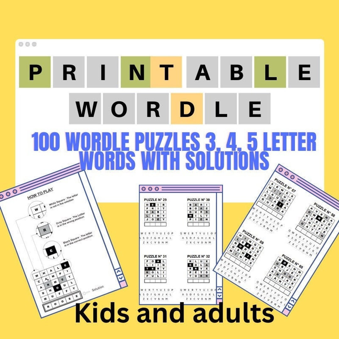 Wordle, 100 Wordle Puzzles, Wordle for Kids, Adults,printable,printable