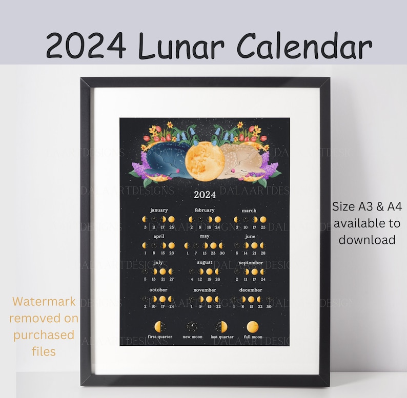 MOON CALENDAR 2024, Lunar Calendar 2024, 2024 Calendar Printable, Moon