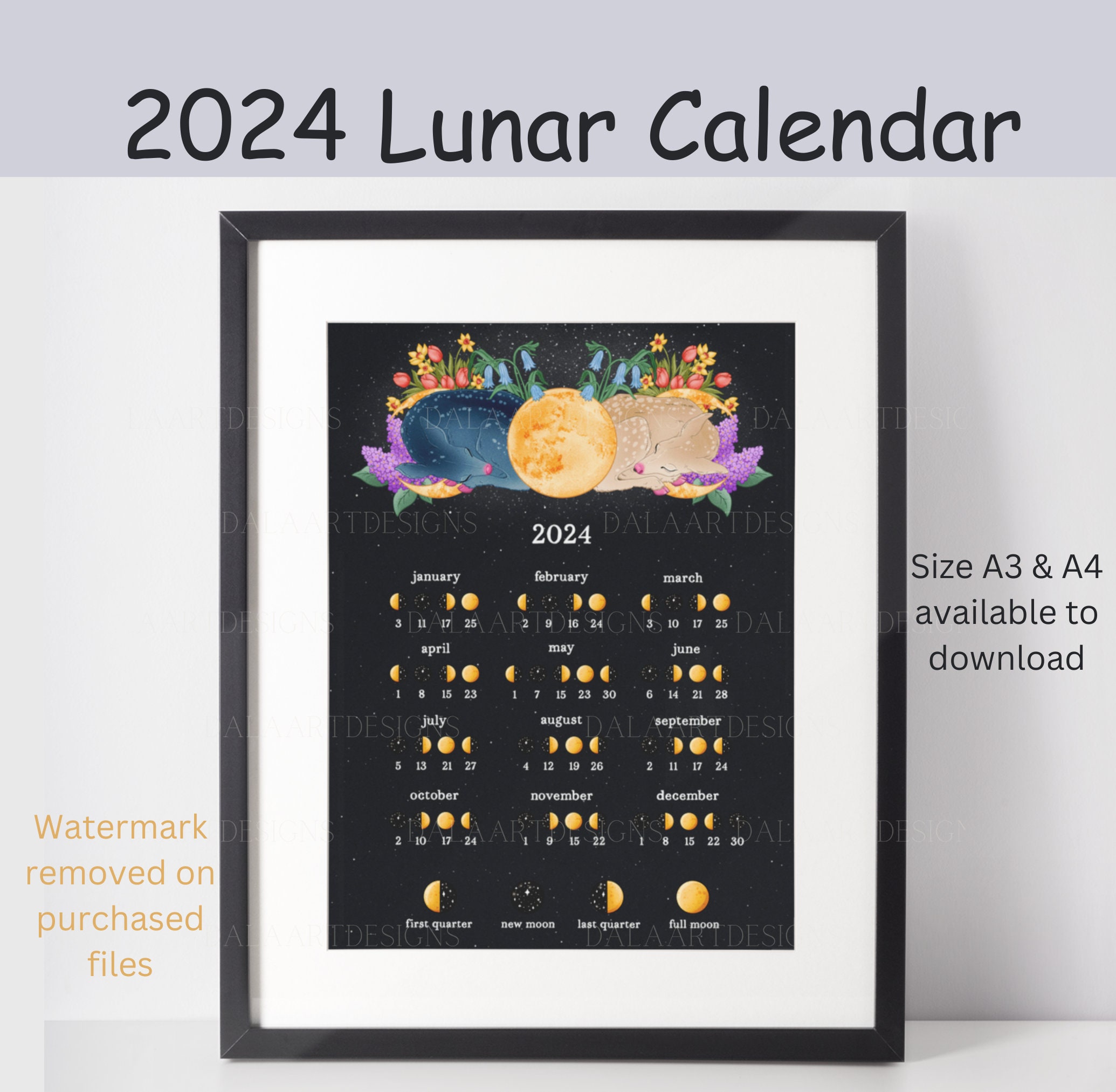 MOON CALENDAR 2024, Lunar Calendar 2024, 2024 Calendar Printable, Moon Phase Calendar, New Moon