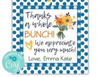 Printable Blue Floral Thank You Tags - Thanks a Bunch Gift Tag for Flower Bouquet - PTA Treat Tags - Editable Employee Appreciation Tags 011