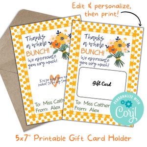 Porta-cartão de presente floral para professor para impressão - Design de flores de agradecimento - Cartão de presente de agradecimento principal - Cartão de reconhecimento de funcionário 011
