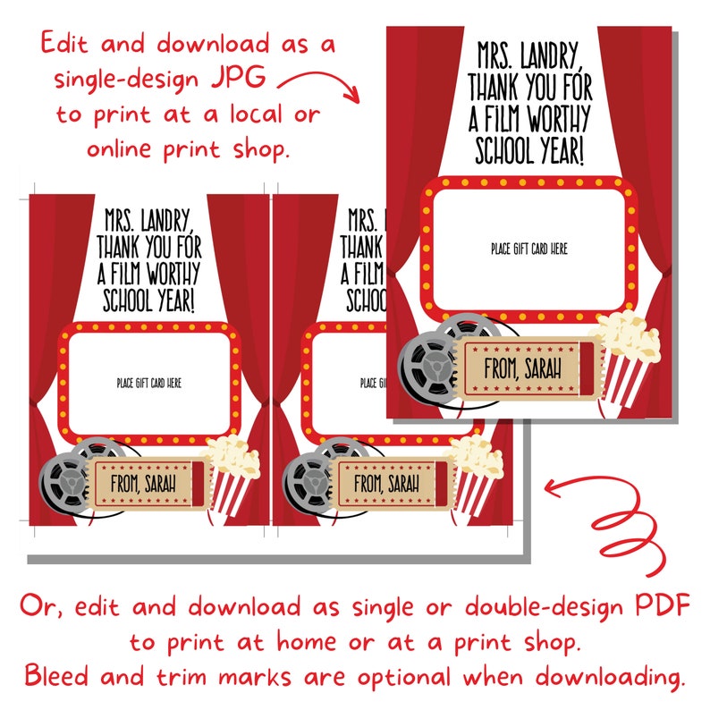 Teacher Appreciation Movie Theater Gift Card Holder - End of School ...