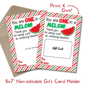 Titolare della carta regalo One in a Melon per insegnante stampabile - Carta di apprezzamento per l'insegnante di anguria da studente - Carta regalo frutta stampabile 005