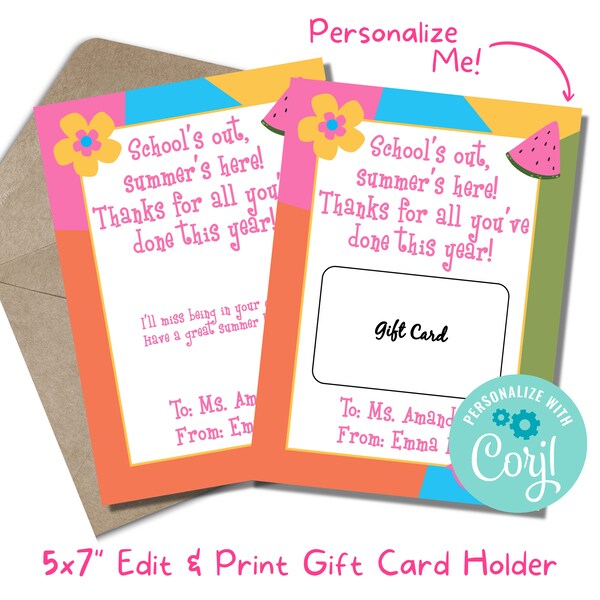 End of Year Teacher Printable Gift Card Holder - Colorful Summer Gift for Teacher - Personalized Last Day of School Gift from Class 016