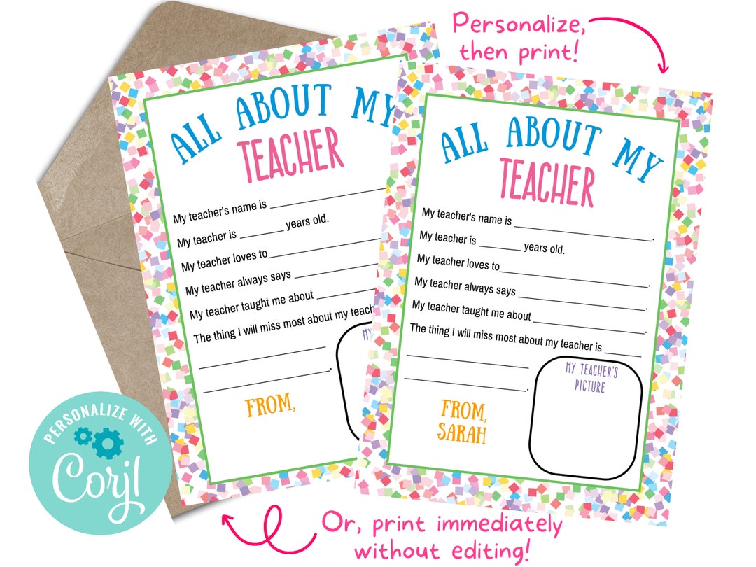 All About My Teacher Printable Card Student Questionnaire Etsy