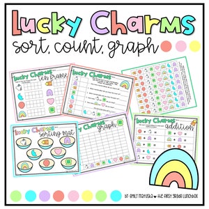 May include: A printable worksheet set for teaching maths concepts using a Lucky Charms theme. The worksheets include a ten frame, sorting mat, graph, and addition problems. The worksheets are colourful and feature a rainbow design.