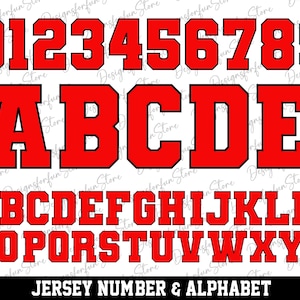 Rouge gras avec contour noir svg, numéros de maillot svg, alphabet lettre svg, polices svg, téléchargement numérique, lettres de police sport svg, svg fichier de coupe