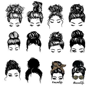 May include: A set of ten black and white illustrations of women with messy buns. The illustrations are in various styles, including some with sunglasses, a headband, and a messy bun with a few strands of hair falling out. The text '#momlife' appears at the bottom of the image.