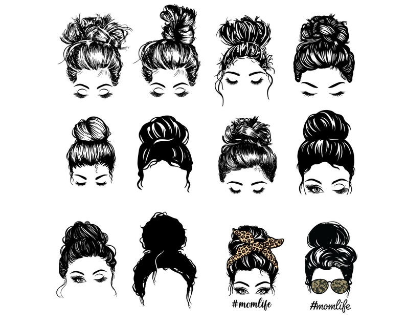 May include: A set of ten black and white illustrations of women with messy buns. The illustrations are in various styles, including some with sunglasses, a headband, and a messy bun with a few strands of hair falling out. The text '#momlife' appears at the bottom of the image.