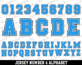 Capa azul cielo sobre fuentes negras svg, números de camiseta svg, letra del alfabeto svg, fuente svg, descarga digital, letras de fuente deportiva svg, archivo de corte svg