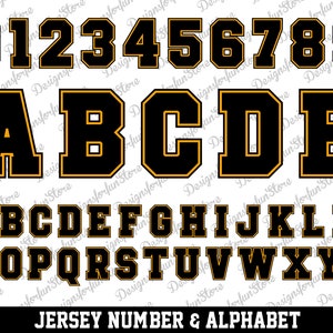 May include: Black and gold jersey number and alphabet font. The numbers 0 through 9 and the letters A through Z are displayed in a bold, blocky font with a black fill and a gold outline.