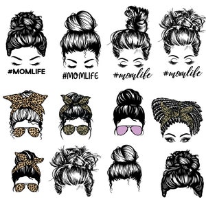 May include: A set of ten black and white illustrations of women with different hairstyles, including messy buns, braids, and headbands. The illustrations are all in a similar style and feature a simple, minimalist design. The text '#momlife' appears below each illustration.