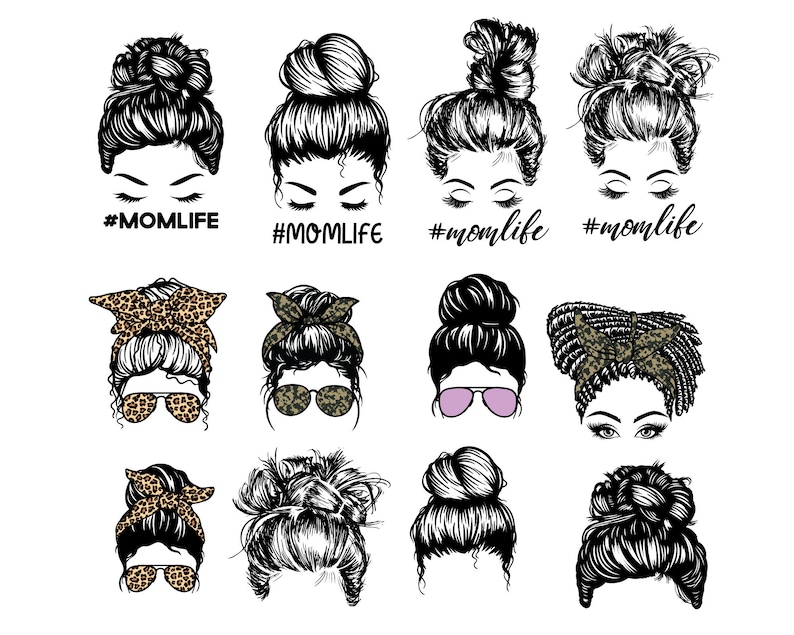 May include: A set of ten black and white illustrations of women with different hairstyles, including messy buns, braids, and headbands. The illustrations are all in a similar style and feature a simple, minimalist design. The text '#momlife' appears below each illustration.