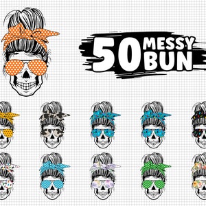 Messy Bun Skull Bundle Png, Digital Download, Skull Sublimation Png, Messy Bun With Glasses Png, Mom Life Skull Png, Momlife Png, Cricut