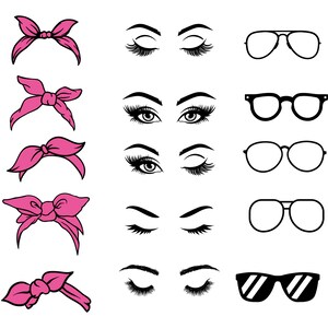 May include: A set of five black and white illustrations of different styles of glasses and five pink illustrations of different styles of hair bows.