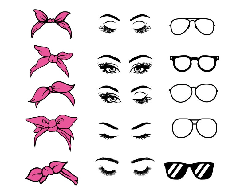 May include: A set of five black and white illustrations of different styles of glasses and five pink illustrations of different styles of hair bows.