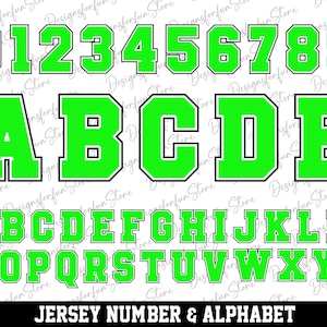 May include: Green jersey numbers and letters with a white outline and black border. The numbers 0 through 9 and the letters A through Z are shown. The text "JERSEY NUMBER & ALPHABET" is at the bottom of the image.