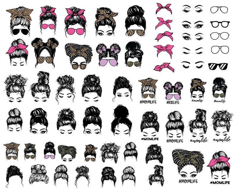 May include: A digital clipart set featuring various hairstyles with different accessories, including bows, sunglasses, and headbands. The set also includes various eye and eyebrow shapes, as well as the text "#momlife", "#kidlife", and "#momlife".