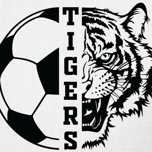 May include: Black and white graphic design of a soccer ball and a tiger's head with the word "TIGERS" vertically down the side.
