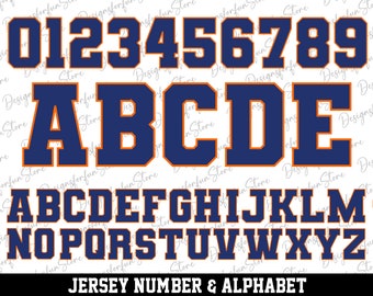 Azul marino con contorno naranja Svg, números de camiseta Svg, letras del alfabeto Svg, fuentes Svg, descarga digital, letras de fuentes deportivas Svg, archivo de corte Svg