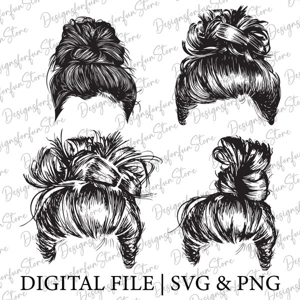 Messy Hair Svg, Digital Download, Messy Bun PNG, Messy Hair Bundle, Mom Bun PNG, Messy Hair Don't Care, Silhouette, Cut Files, Messy Bun Svg