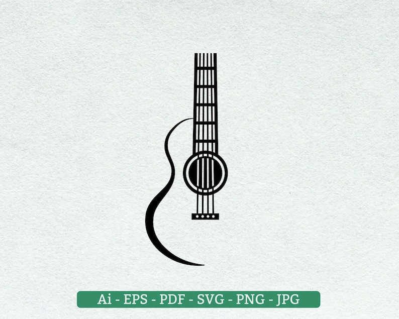 May include: Black and white silhouette of an acoustic guitar. The guitar has a round sound hole and a simple design.