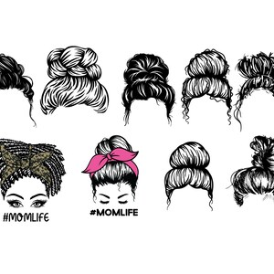 May include: A set of nine black and white illustrations of women's hairstyles with messy buns. Some of the buns have a ribbon or headband. The text #MOMLIFE is included in the image.
