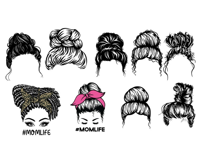 May include: A set of nine black and white illustrations of women's hairstyles with messy buns. Some of the buns have a ribbon or headband. The text #MOMLIFE is included in the image.