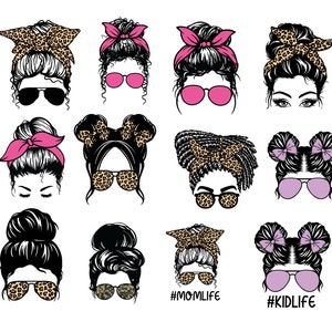 May include: A set of 12 digital illustrations of women with different hairstyles, including messy buns, braids, and ponytails. Each woman is wearing sunglasses and has a leopard print headband or scarf. The illustrations are perfect for use in crafting projects, social media, or for personal use.