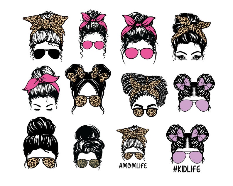 May include: A set of 12 digital illustrations of women with different hairstyles, including messy buns, braids, and ponytails. Each woman is wearing sunglasses and has a leopard print headband or scarf. The illustrations are perfect for use in crafting projects, social media, or for personal use.