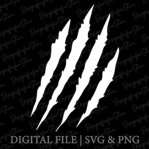 May include: White claw marks on a black background. The marks are jagged and sharp, resembling a predator's claws.