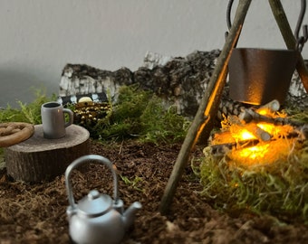 Miniatur-Lagerfeuer-Set Für Puppenhaus & Krippe – Holz, Moos, 1:12 Maßstab