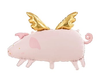 Könnte beinhalten: Ein rosa Schweineballon mit goldenen Flügeln aus Folie. Das Schwein hat einen lockigen Schwanz und eine rosa Schnauze.
