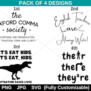 Zabawny nauczyciel gramatyki SVG, Oxford Comma Society SVG, Ich tam są, Interpunkcja ratuje życie, Nauczyciele angielskiego zawsze piszą, Pakiet