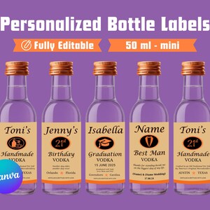 Etichetta per vodka, etichetta personalizzata per mini bottiglie di vodka Tito's, regali personalizzati a base di vodka, modello Canva modificabile, etichette da 50 ml per compleanni e matrimoni