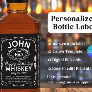 Jack Daniels Kundenspezifisches Whisky-Etikett, individuelles schwarzes Etikett für Canva, personalisiertes Mini-Flaschenetikett, Geburtstag, Jubiläum, Hochzeit